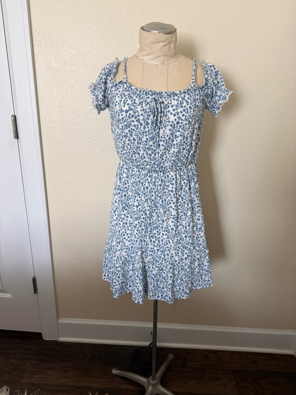 BCX White and Light Blue Floral Midi Dress with Ruffle Hem